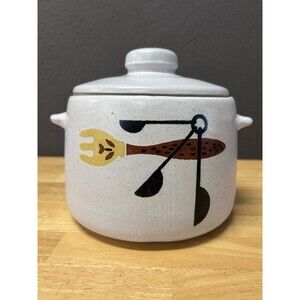 Vintage 1960s West Bend Ceramic Bean Pot Fork Spoon Design w/ Recipe Book